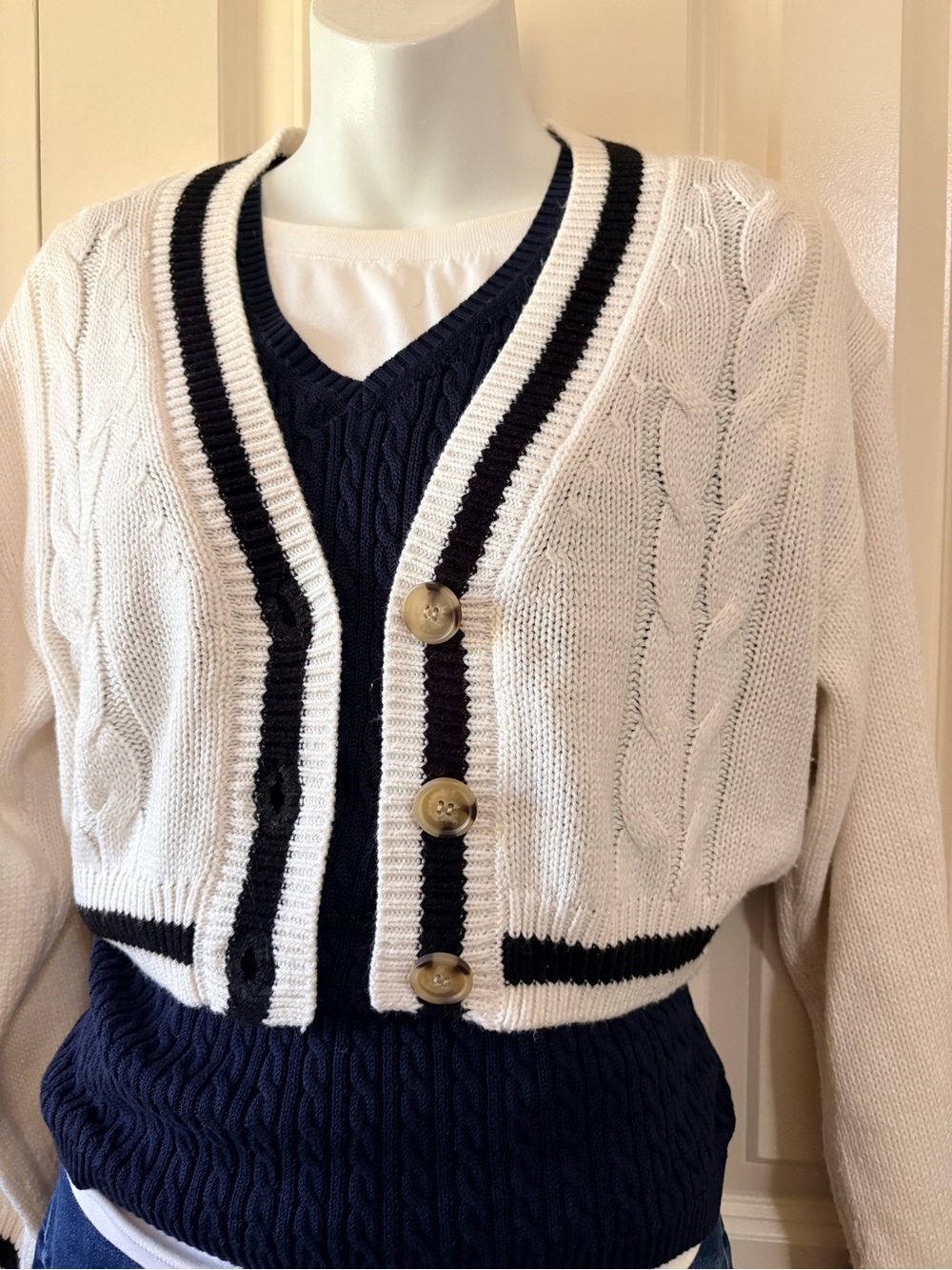 Love Tree White Cropped Cable-Knit Cardigan with Navy Trim, size M